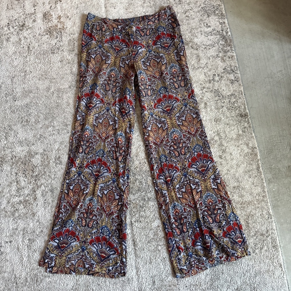 RAGA Desert Flower Pants Wide Leg Boho Cottage Elastic Waist Flowy Hippie Slit